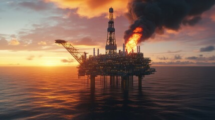 Obraz premium Dramatic Sunset Over Offshore Oil Rig with Flames and Smoke Rising in the Sky Reflecting Bright Hues of Orange and Yellow Creating a Stunning Scenic View