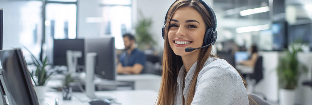 A smiling customer service representative wearing a headset, working at a desk in a bright and modern call center. 