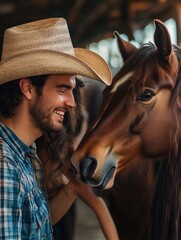 Farmer couple having fun with bitless horses during sunny day inside ranch corral - Focus on center animal eye