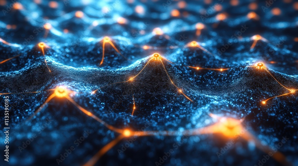 Poster abstract network connection with glowing nodes on blue textured surface, data communication.
