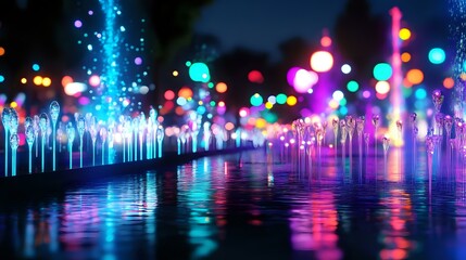 Futuristic park new year celebrations Abstract Background With Defocused Bokeh Lights, glowing fountains and vibrant neon sculptures lighting up the area