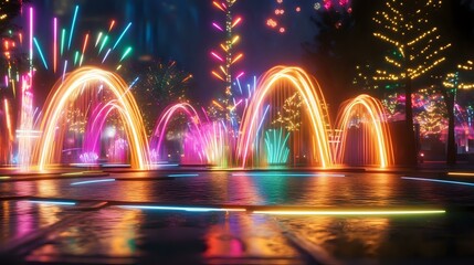 Futuristic park new year celebrations Abstract Background With Defocused Bokeh Lights, glowing fountains and vibrant neon sculptures lighting up the area