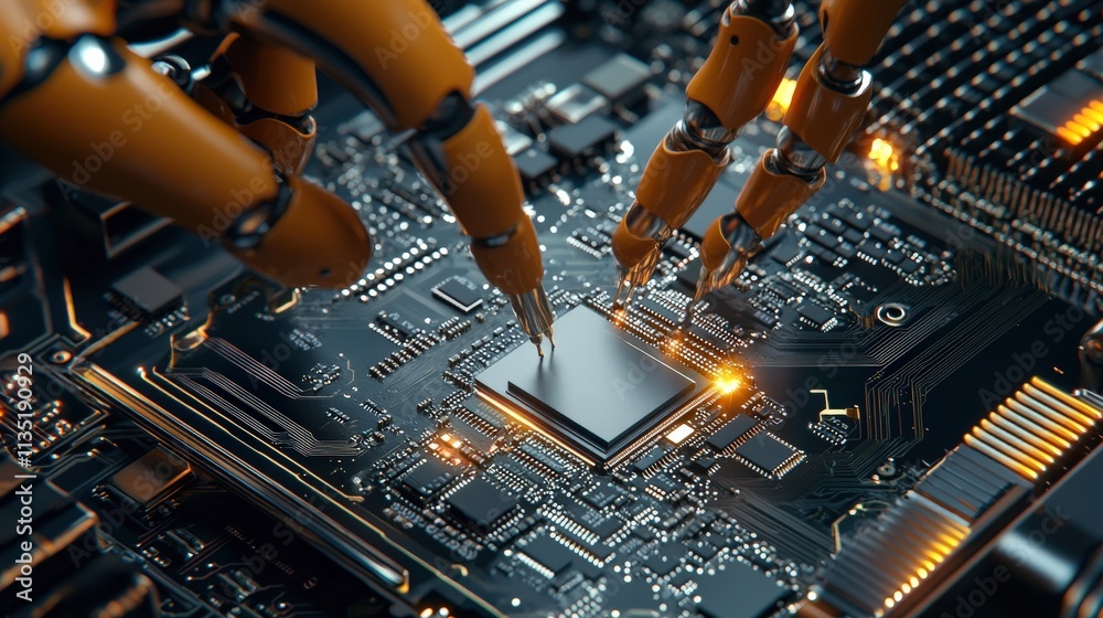 Aufkleber A close-up of a robotic arm installing a CPU chip on a circuit board under sharp, focused light