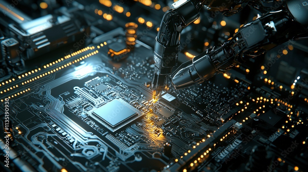 Aufkleber A close-up of a robotic arm installing a CPU chip on a circuit board under sharp, focused light
