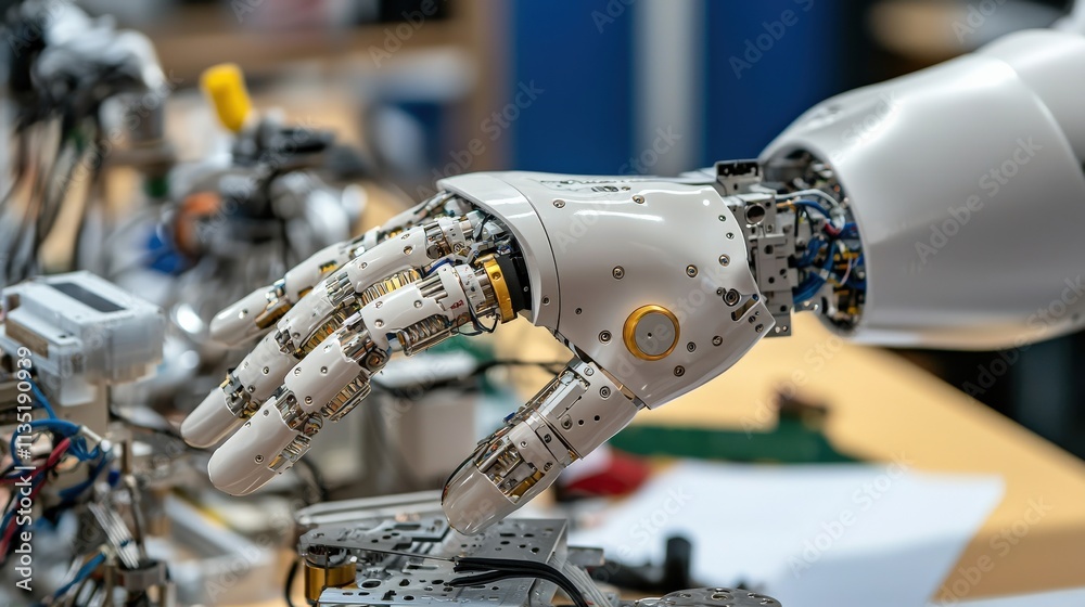 Poster a close-up of a robotic arm assembling delicate machinery under perfect studio lighting