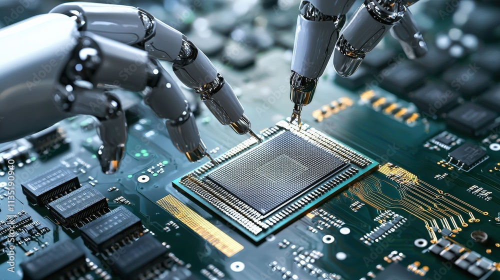 Aufkleber A close-up of a robotic arm installing a CPU chip on a circuit board under sharp, focused light