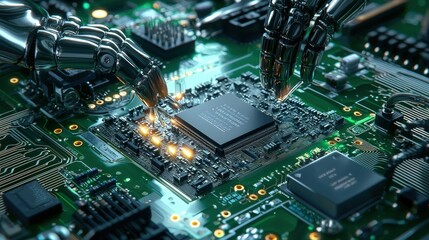 A close-up of a robotic arm installing a CPU chip on a circuit board under sharp, focused light