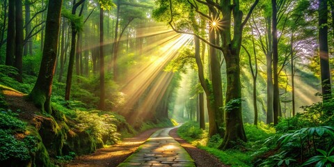 Sunbeams Illuminate a Serene Pathway Through a Lush Forest, Capturing the Beauty of Nature and Light in Vibrant Greens and Warm Golden Highlights