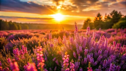 Fototapeta premium Sunlit Heathers Blooming in a Scenic Landscape with a Beautiful Play of Light and Shadows, Capturing Nature’s Beauty in Full Bloom During Golden Hour