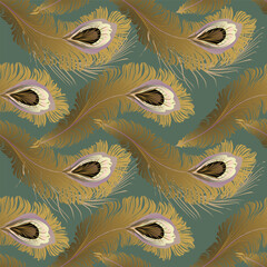 Elegant abstract gradient gold peacock feathers on a muted green neutral background. Rich muted tones add luxury and sophistication. Horizontal geometric vector pattern. Gender neutral.