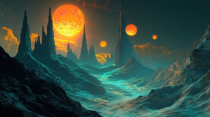Obraz premium A surreal alien landscape with jagged mountains and multiple glowing suns. The eerie atmosphere is enhanced by the vivid light reflections, casting an otherworldly glow across the rocky terrain.. AI
