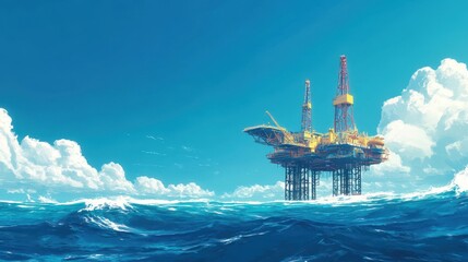 Obraz premium Industrial oil drilling platform standing tall in a vast ocean, surrounded by a bright blue sky and fluffy white clouds, showcasing energy exploration and marine industry