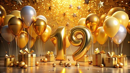 Surreal 3D Rendering of a Happy 19th Birthday Celebration with Golden Balloons and Festive Background Elements for a Joyful Atmosphere
