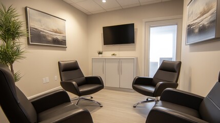Modern meeting room with comfortable seating arrangement.