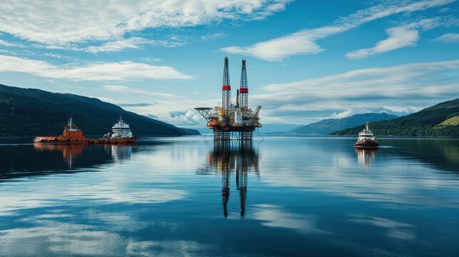 Peaceful Seascape with Oil Rigs and Support Vessels in Tranquil Waters Surrounded by Lush Hills and a Blue Sky with Soft Clouds in a Coastal Environment