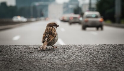 회색빛 하늘 아래, 자동차가 가득한 거리에서 쉬지 못하는 참새의 모습