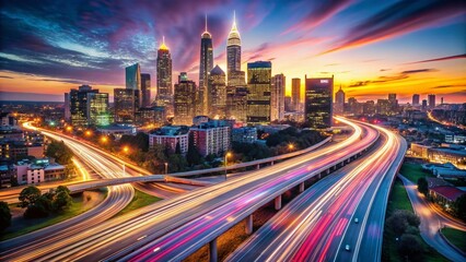 Obraz premium Surreal Aerial View of Fiber Optic Streams Over Atlanta, Showcasing Global Internet Connectivity During Sunset in a Vibrant Cityscape