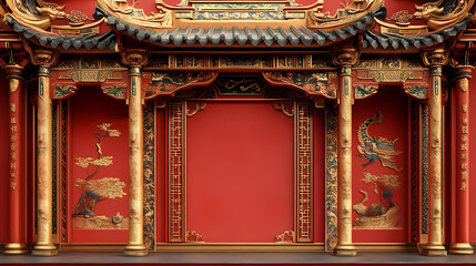 Fototapeta premium Ornate 3d asian temple illustration with a gold border, combining cultural elements and luxurious details for a timeless decorative piece. Timeless. Illustration