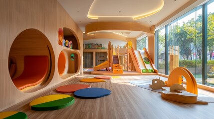 A bright, spacious indoor play area featuring colorful and playful structures like slides, tunnels, and soft pads. The vibrant colors and natural light create a fun and welcoming space for children