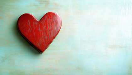 Fototapeta premium Red Wooden Heart on Teal Wooden Background Valentine s Love Romance