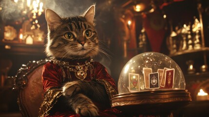 Mystical cat fortune teller in opulent antique room.