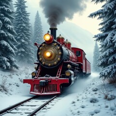 A vintage steam locomotive moves through a snowy forest landscape