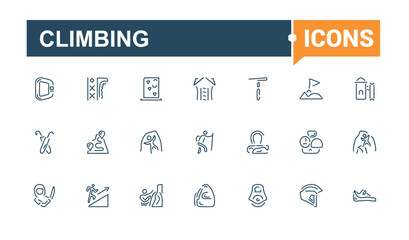 Climbing line icons set. It contains symbols to hiking, outdoors, climber, adventure, tourism and more. Simple icon designs. Editable stroke. Vector illustration.