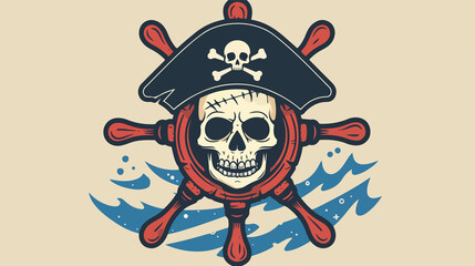 Pirate Skull on Wheel Flat Vector Illustration