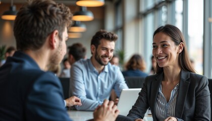 Fototapeta premium Business professionals engaging in a discussion with smiles in a modern office environment 