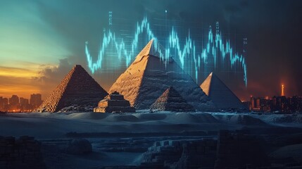 Pyramids with Digital Data Overlay at Sunset