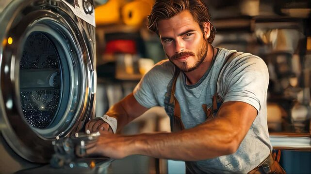 Focused man fixing a washing machine in a rustic kitchen setting, displaying determination and craftsmanship