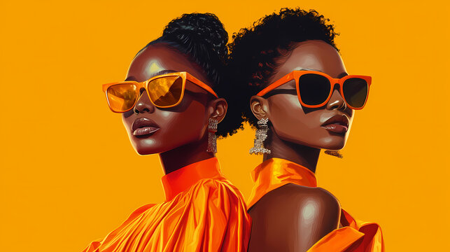 Black women in sharp sunglasses exude elegance as they pose in vibrant orange outfits, reflecting a fusion of modern style and timeless sophistication. generative ai. Timeless. Illustration