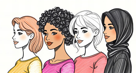 An artistic illustration featuring four diverse women with unique hairstyles, outfits, and features, symbolizing unity, inclusivity, and cultural diversity.  

