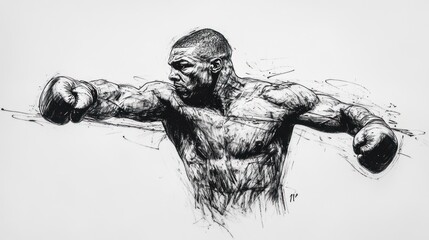 Fototapeta premium Powerful boxing stance, ink illustration of a muscular fighter in a dynamic striking pose.