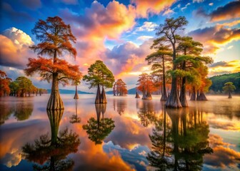 Surreal Cypress Trees in a Dreamlike Landscape with Floating Clouds and Vibrant Colors Capturing the Essence of Nature’s Mystique and Tranquility
