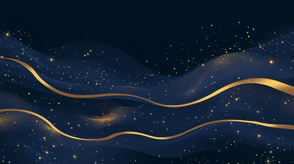 Fototapeta premium Elegant and timeless navy blue background with soft gold accents, featuring flowing waves and sparkling golden dots, perfect for sophisticated designs. Timeless. Illustration