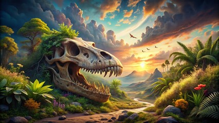 Surreal Depiction of a Herbivorous Dinosaur Skull in a Dreamlike Landscape Surrounded by Vibrant Flora and Ethereal Clouds, Merging Nature with Ancient History