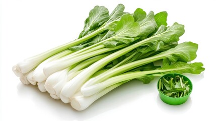 Fresh Green Bok Choy And Sliced Leaves On White Surface
