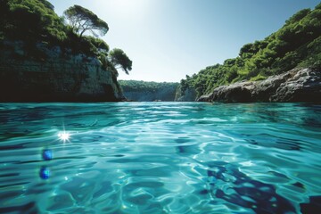Stunning underwater perspective showcasing a bright sky above and tranquil ocean below