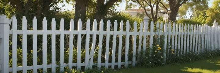 Old white picket fence covered in twisting vines, patterned, distressed, foliage, old, textured