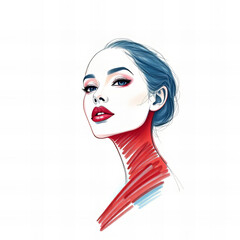Artistic hand-drawn portrait of a woman with bold red accents on her neck and lips, featuring blue hair and dramatic makeup in a modern style.  

