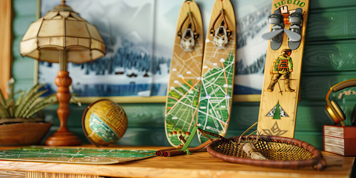 Wooden Tabletop Still Life with Snowshoes and Related Items