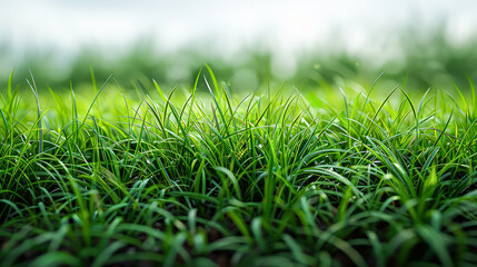 Fototapeta premium Lush green field with dew on the grass