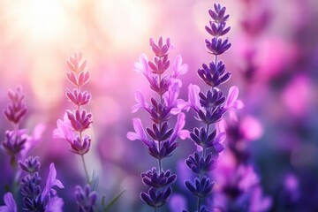 Fototapeta premium Macro photography, purple salvia, soft sunlight, selective focus, blurred background, detailed flower structure, vibrant purple hues