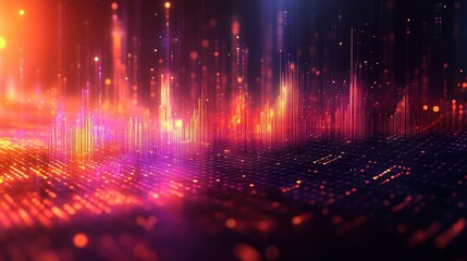 Fototapeta premium Abstract Digital Cityscape Glowing Red and Orange Neon Lights, Futuristic Technology Background