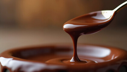 Close-up of delicious melted chocolate with a golden spoon on a blurred brown background