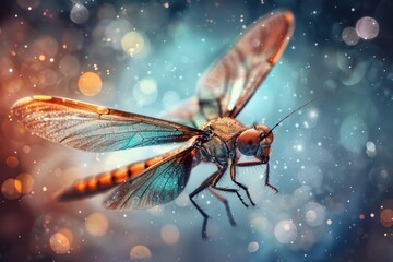 Naklejka premium Enchanting image of a glimmering firefly soaring through a mystical nighttime forest landscape