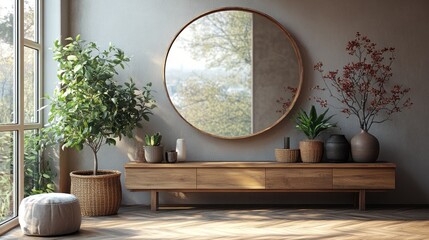 A serene interior featuring a wooden sideboard, plants, and a large round mirror.