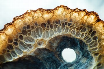 Microscopic view, woody dicot stem cross-section, plant cells, lignin, cell structures clearly visible