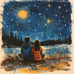 Romantic Couple Enjoying a Heartfelt Moment Under a Starry Sky on Valentine's Night, Capturing the Essence of Love and Connection in Nature's Embrace